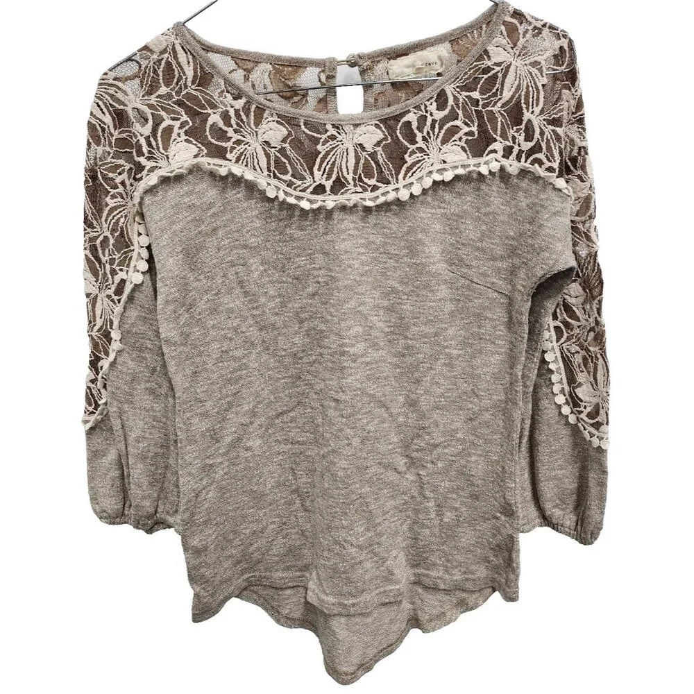 Areve Womens Fairy Romantic BOHO Top Small‎ Beige Lace Yoke 3/4 Sleeve